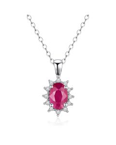 14K White Gold Oval Cluster Pendant with Ruby and Diamonds