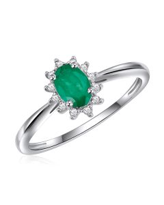14K White Gold Oval Cluster Ring Emerald and Diamonds