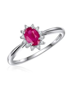 14K White Gold Oval Cluster Ring Ruby and Diamonds