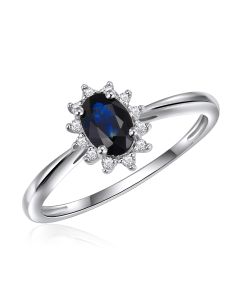 14K White Gold Oval Cluster Ring Sapphire and Diamonds