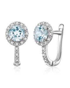 14K White Gold Halo Aquamarine & Diamonds Clip Back Earrings
