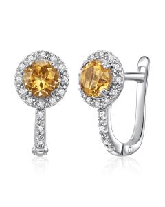 10K White Gold Halo Yellow Citrine & Diamonds Clip Back Earrings