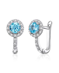 10K White Gold Halo Swiss Blue Topaz & Diamonds Clip Back Earrings