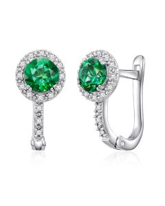 14K White Gold Halo Passion Forest Green & Diamonds Clip Back Earrings