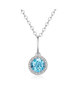 14K White Gold Round Halo Pendant with Swiss Blue Topaz  and Diamonds