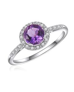 14K White Round Halo Ring with Amethyst and Diamonds