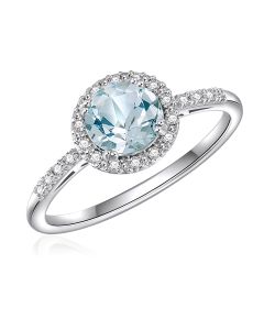 14K White Round Halo Ring with Aquamarine and Diamonds