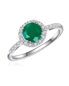 14K White Round Halo Ring with Emerald and Diamonds