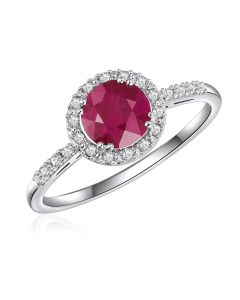 14K White Round Halo Ring with Ruby and Diamonds
