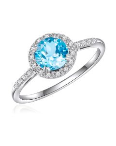 14K White Round Halo Ring with Swiss Blue Topaz and Diamonds