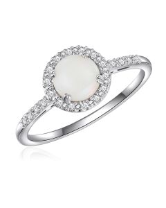 14K White Round Halo Ring with Opal and Diamonds