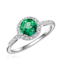 14K White Round Halo Ring with Passion Rain Forest Green and Diamonds
