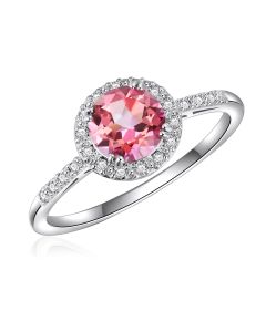 14K White Round Halo Ring with Passion Pink Topaz and Diamonds