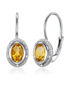 14K White Gold Halo Yellow Citrine & Diamonds French Back Earrings