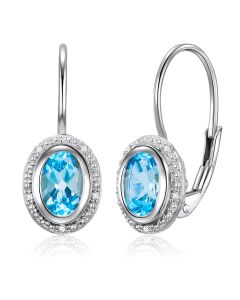 14K White Gold Halo Swiss Blue Topaz & Diamonds French Back Earrings