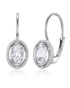 14K White Gold Halo White Topaz & Diamonds French Back Earrings