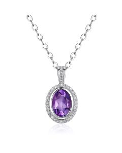 14K White Gold Oval Halo Pendant with Amethyst & Diamonds