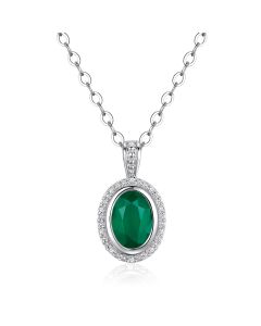 14K White Gold Oval Halo Pendant with Emerald & Diamonds