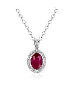 14K White Gold Oval Halo Pendant with Ruby & Diamonds