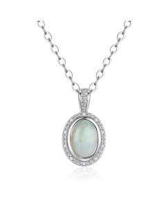 14K White Gold Oval Halo Pendant with Opal & Diamonds