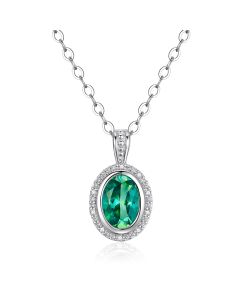 14K White Gold Oval Halo Pendant with Passion Rain Forest Green & Diamonds