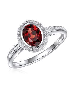 14K White Gold Oval Halo Ring with Garnet and Diamonds