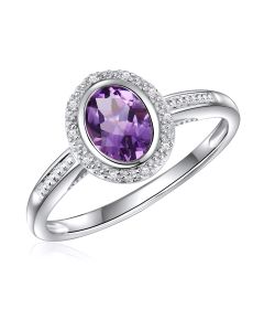 14K White Gold Oval Halo Ring with Amethyst and Diamonds