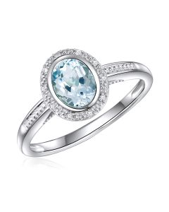 14K White Gold Oval Halo Ring with Aquamarine and Diamonds