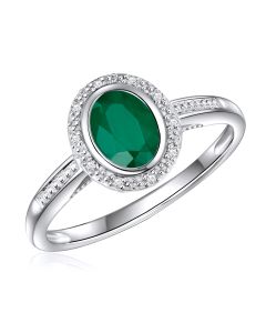 14K White Gold Oval Halo Ring with Emerald and Diamonds