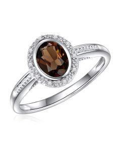 14K White Gold Oval Halo Ring with Smokey Quartz and Diamonds