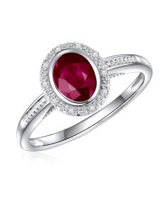 14K White Gold Oval Halo Ring with Ruby and Diamonds