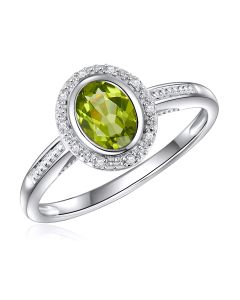 14K White Gold Oval Halo Ring with Peridot and Diamonds