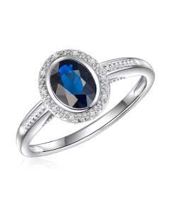 14K White Gold Oval Halo Ring with Sapphire and Diamonds