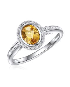 14K White Gold Oval Halo Ring with Citrine and Diamonds