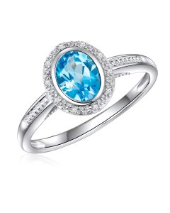 14K White Gold Oval Halo Ring with Swiss Blue Topaz and Diamonds