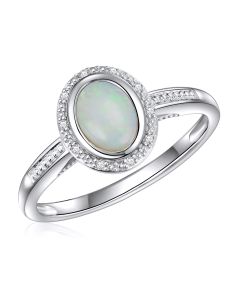 14K White Gold Oval Halo Ring with Opal and Diamonds