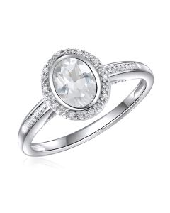 14K White Gold Oval Halo Ring with White Topaz and Diamonds