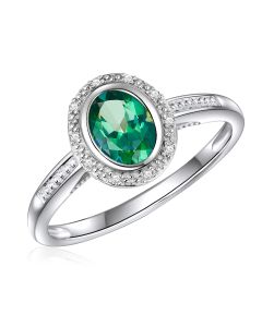 14K White Gold Oval Halo Ring with Passion Rain Forest Green and Diamonds