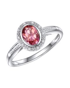 14K White Gold Oval Halo Ring with Passion Pink Topaz and Diamonds
