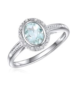 14K White Gold Oval Halo Ring with Mint Quartz and Diamonds