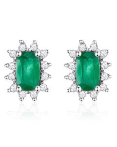 10K White Gold Star Halo Long Cushion Emerald & Diamond Stud Earrings
