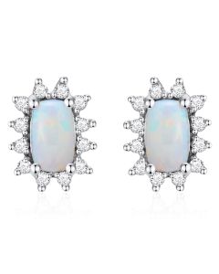 14K White Gold Star Halo Long Cushion Opal & Diamond Stud Earrings