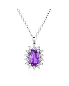 14K White Gold Cushion Cluster Pendant with Amethyst and Diamonds