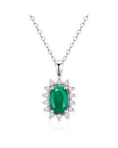 14K White Gold Cushion Cluster Pendant with Emerald and Diamonds