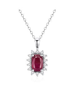 14K White Gold Cushion Cluster Pendant with Ruby and Diamonds
