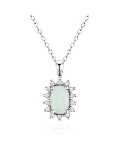 14K White Gold Cushion Cluster Pendant with Opal and Diamonds