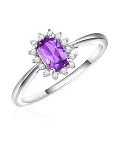 14K White Gold Cushion Cluster Ring Amethyst and Diamonds
