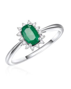 14K White Gold Cushion Cluster Ring Emerald and Diamonds