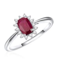 14K White Gold Cushion Cluster Ring Ruby and Diamonds