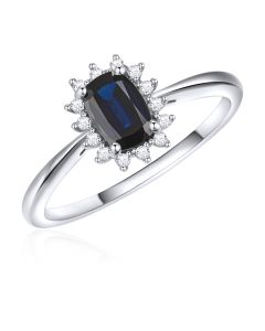 14K White Gold Cushion Cluster Ring Sapphire and Diamonds